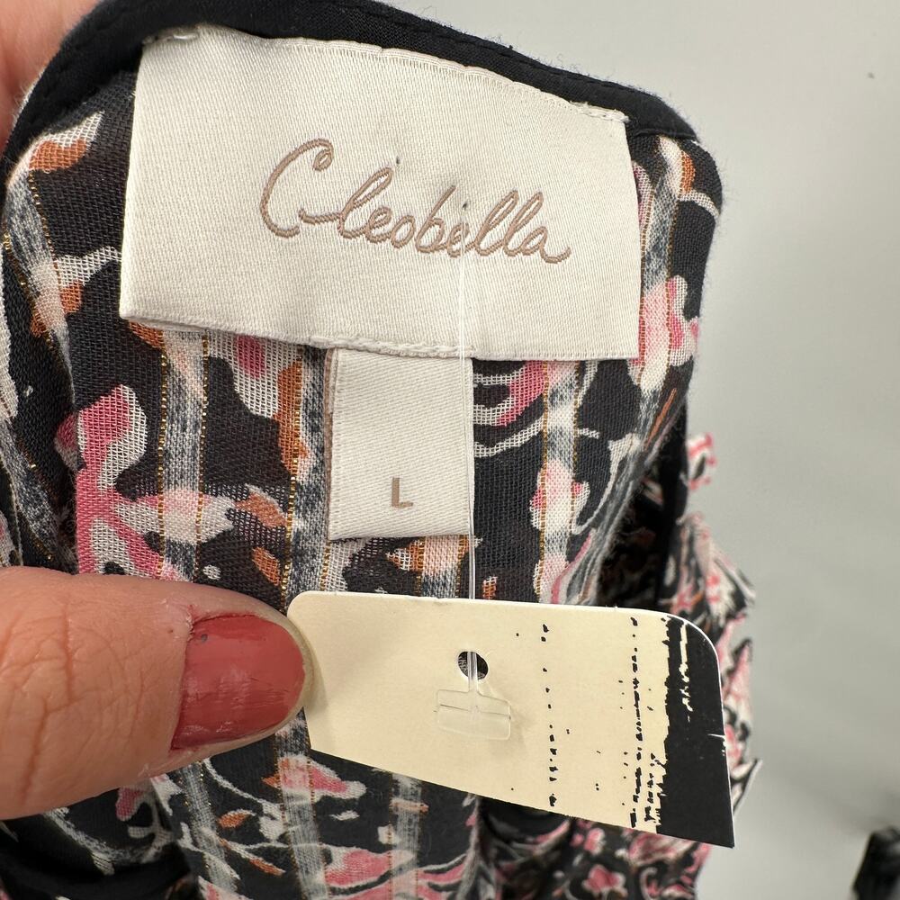 CLEOBELLA NWT Evereve Brynlee Black Pink Org Cotton Metallic Print Blouse // L - Picture 15 of 16